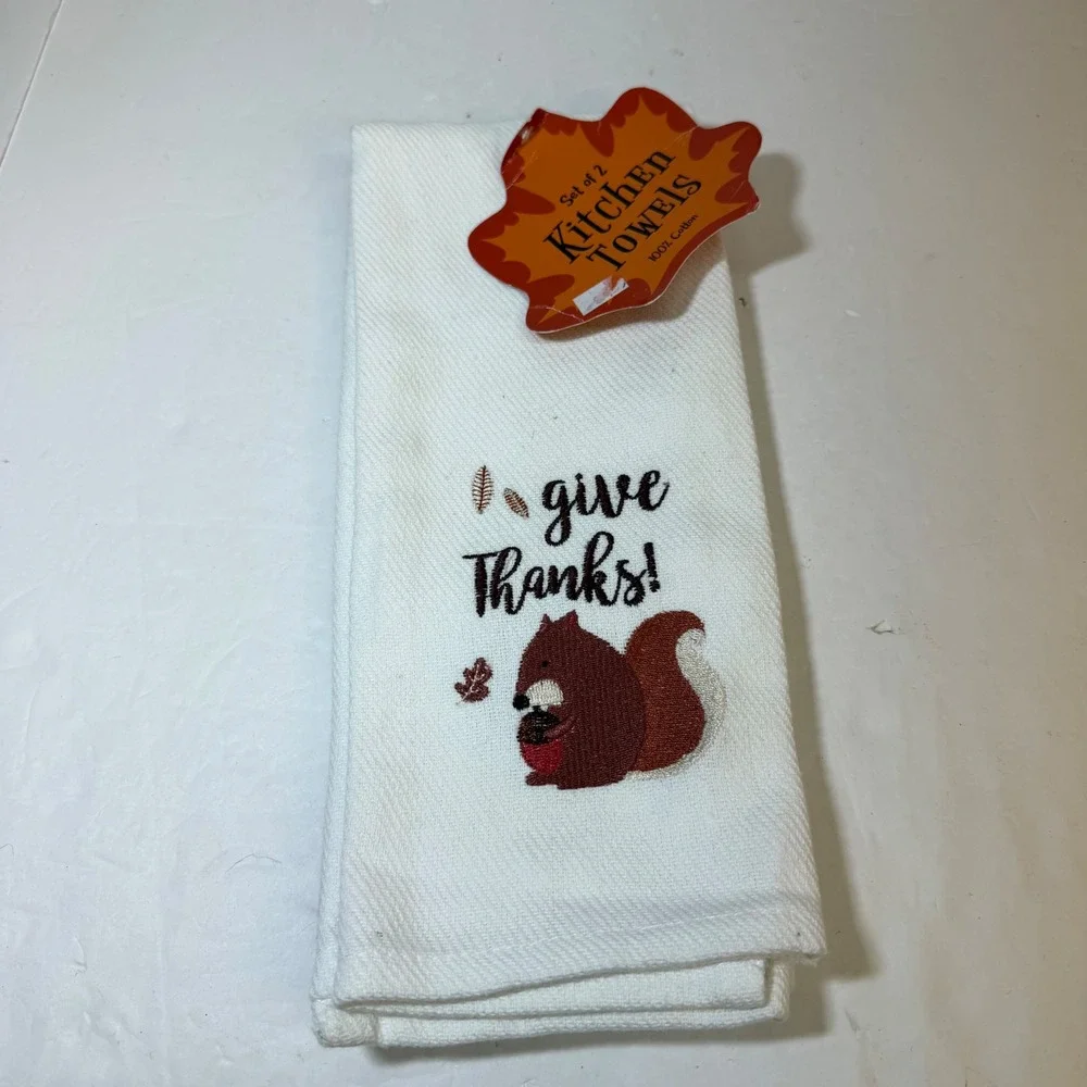 Sleeping Partners Give Thanks Squirrel Acorn Cotton Kitchen Towels Set of 2 Fall